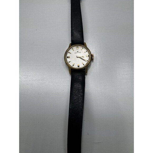 Vintage Edox Swiss Ladies Watch Gold Tone Case Black Leather Band 28690 Works - Picture 6 of 11